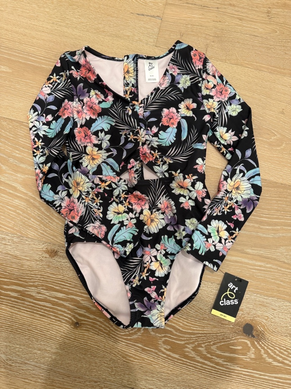 art class Black Floral Long Sleeve One-Piece Swimsuit Girls Size 14